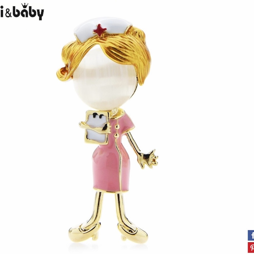 Cute Nurse Brooch with Pink and Gold Accents - Picture 2 of 2